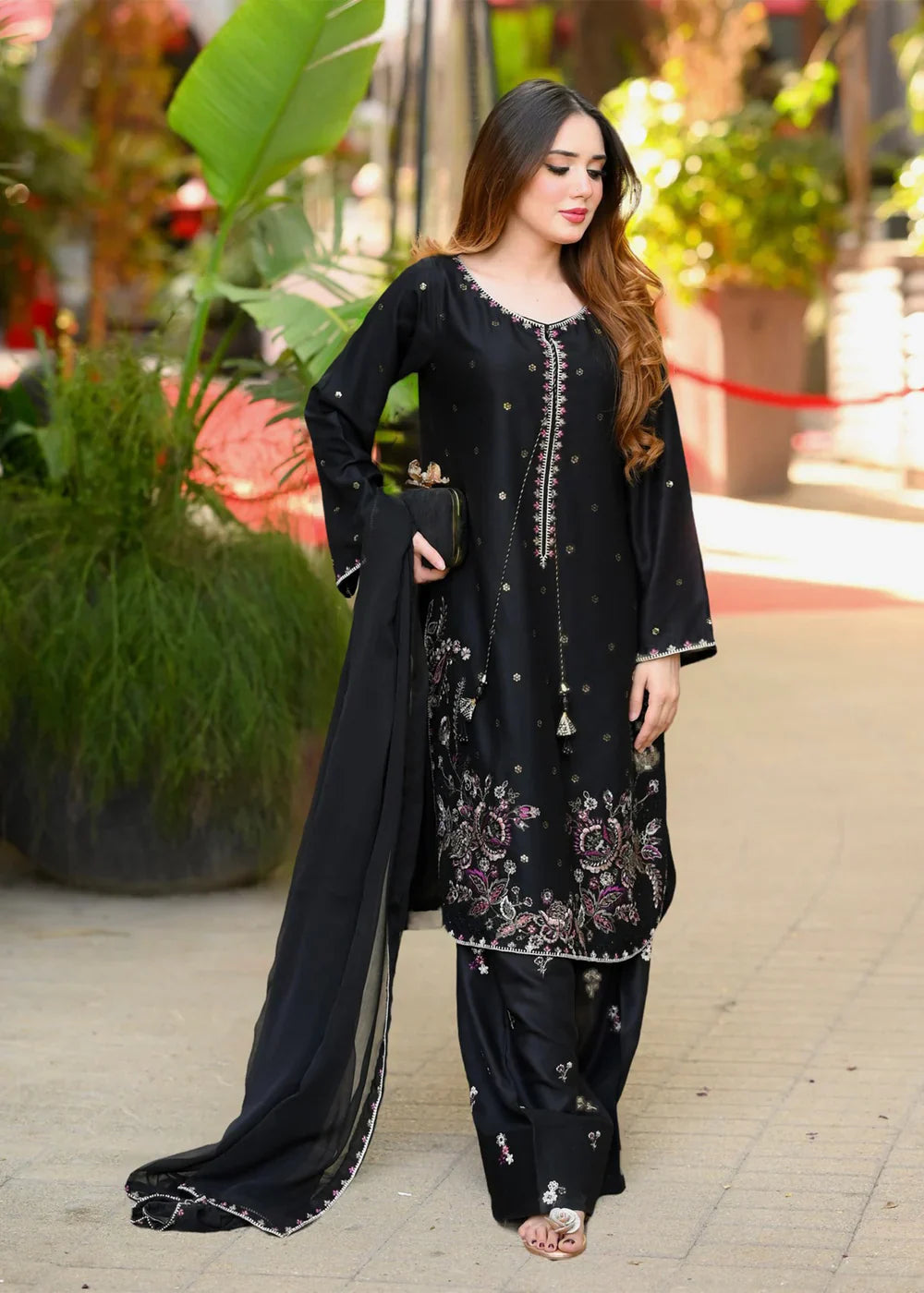 Zimal Black 3PC – Embroidered Cotton Suit with Chiffon Dupatta