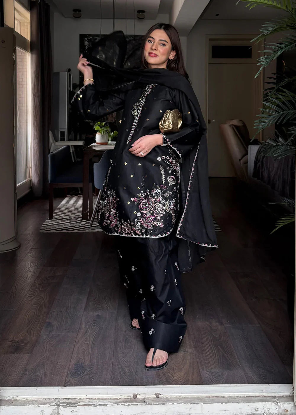 Zimal Black 3PC – Embroidered Cotton Suit with Chiffon Dupatta