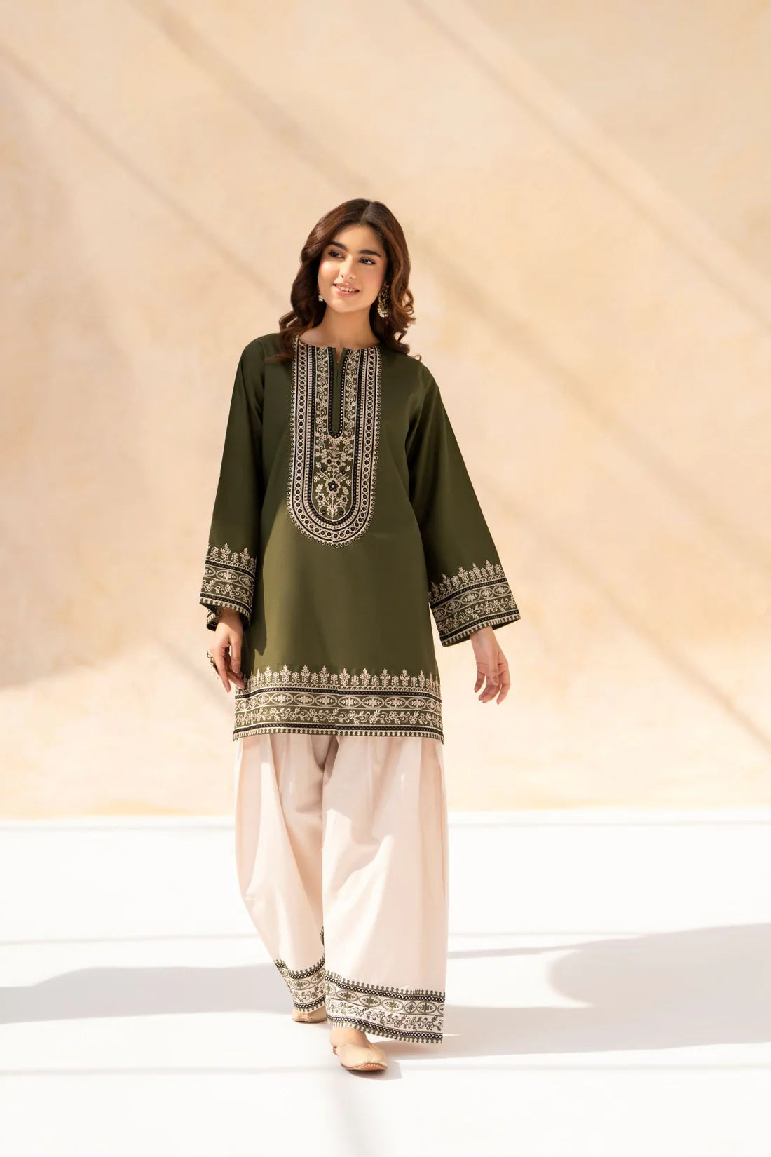 Hoorain 3PC – Olive Green Embroidered Cotton Suit with Dupatta