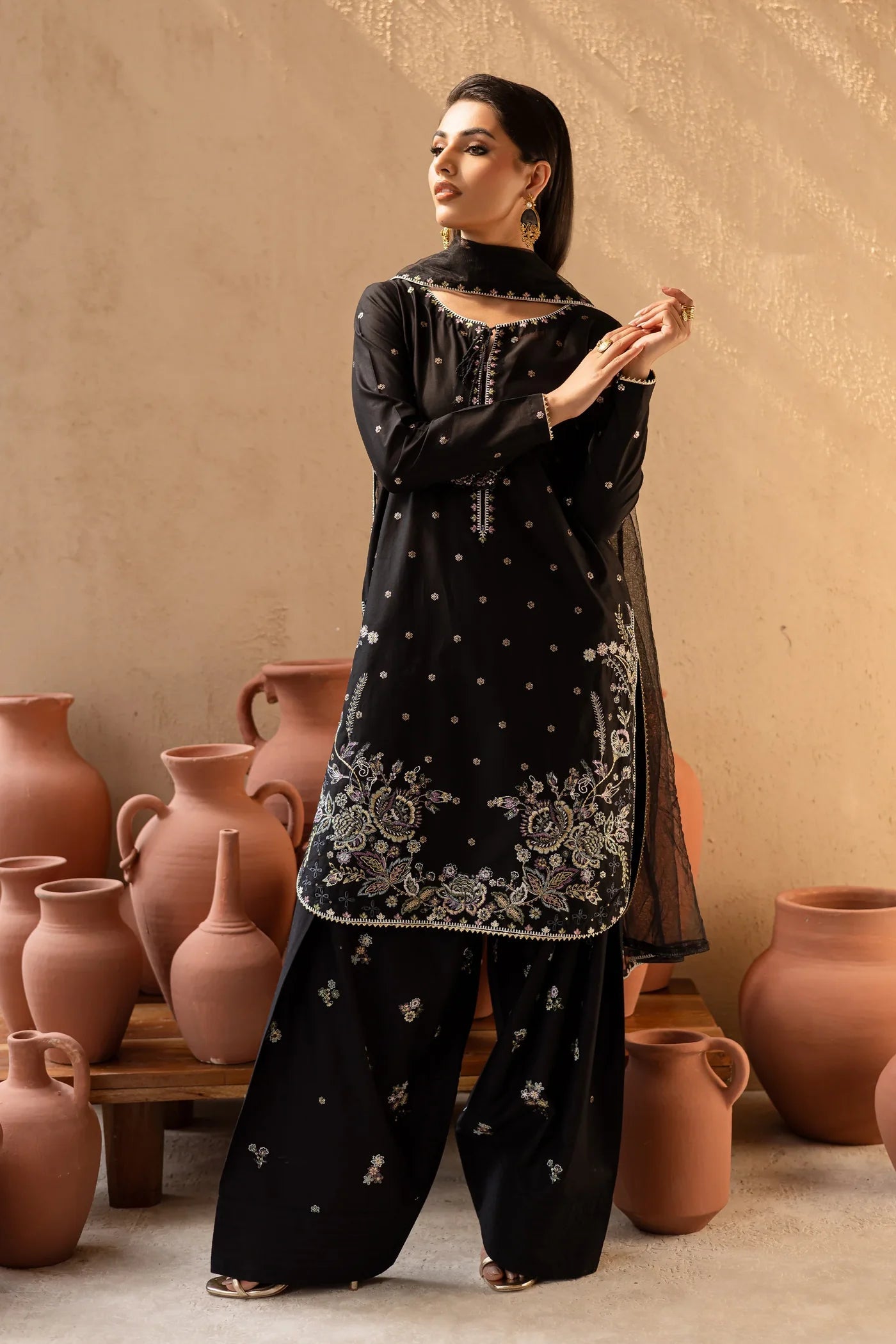 Zimal Black 3PC – Embroidered Cotton Suit with Chiffon Dupatta