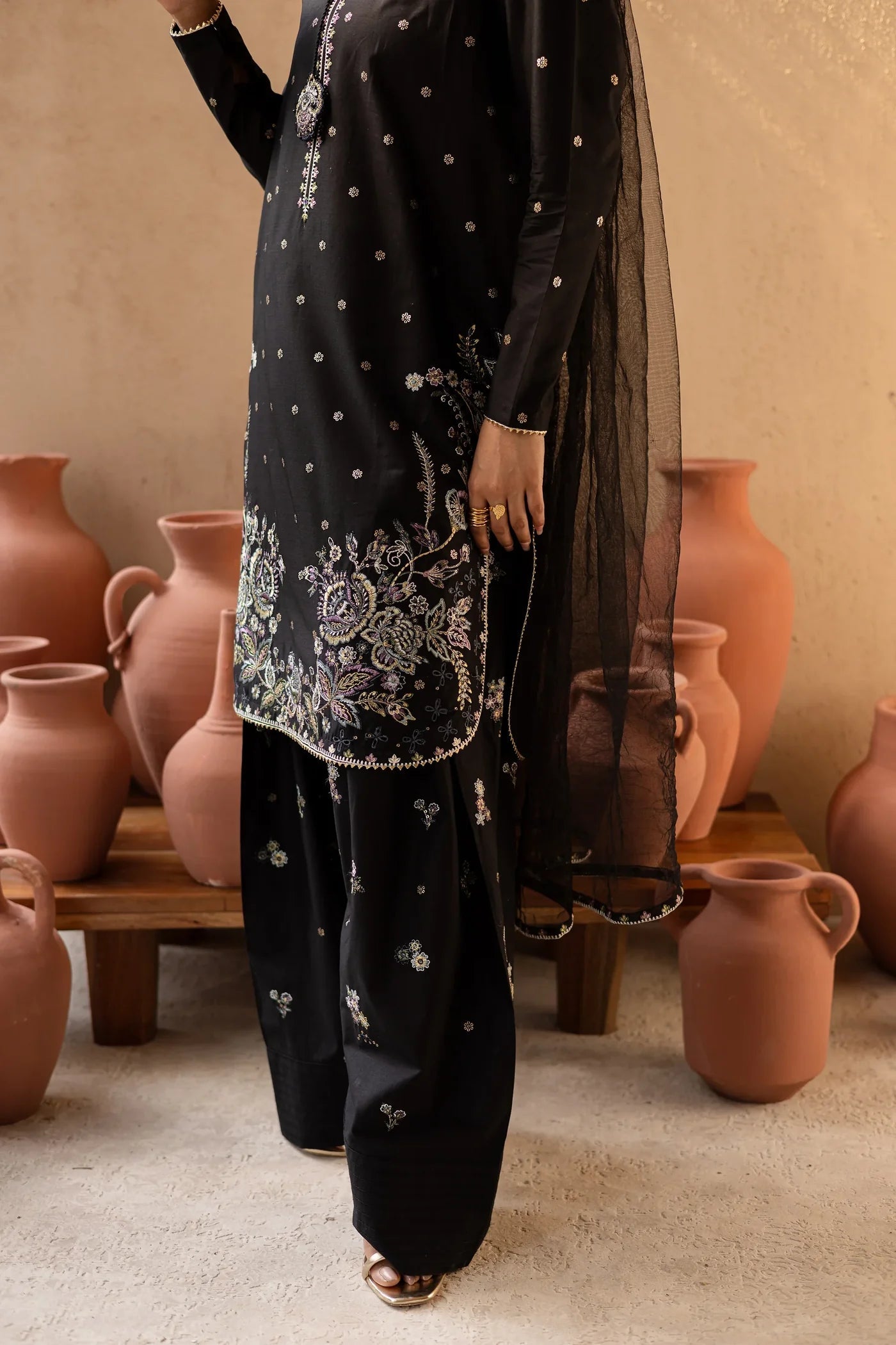 Zimal Black 3PC – Embroidered Cotton Suit with Chiffon Dupatta