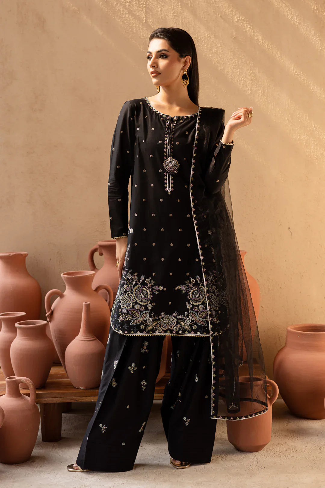 Zimal Black 3PC – Embroidered Cotton Suit with Chiffon Dupatta