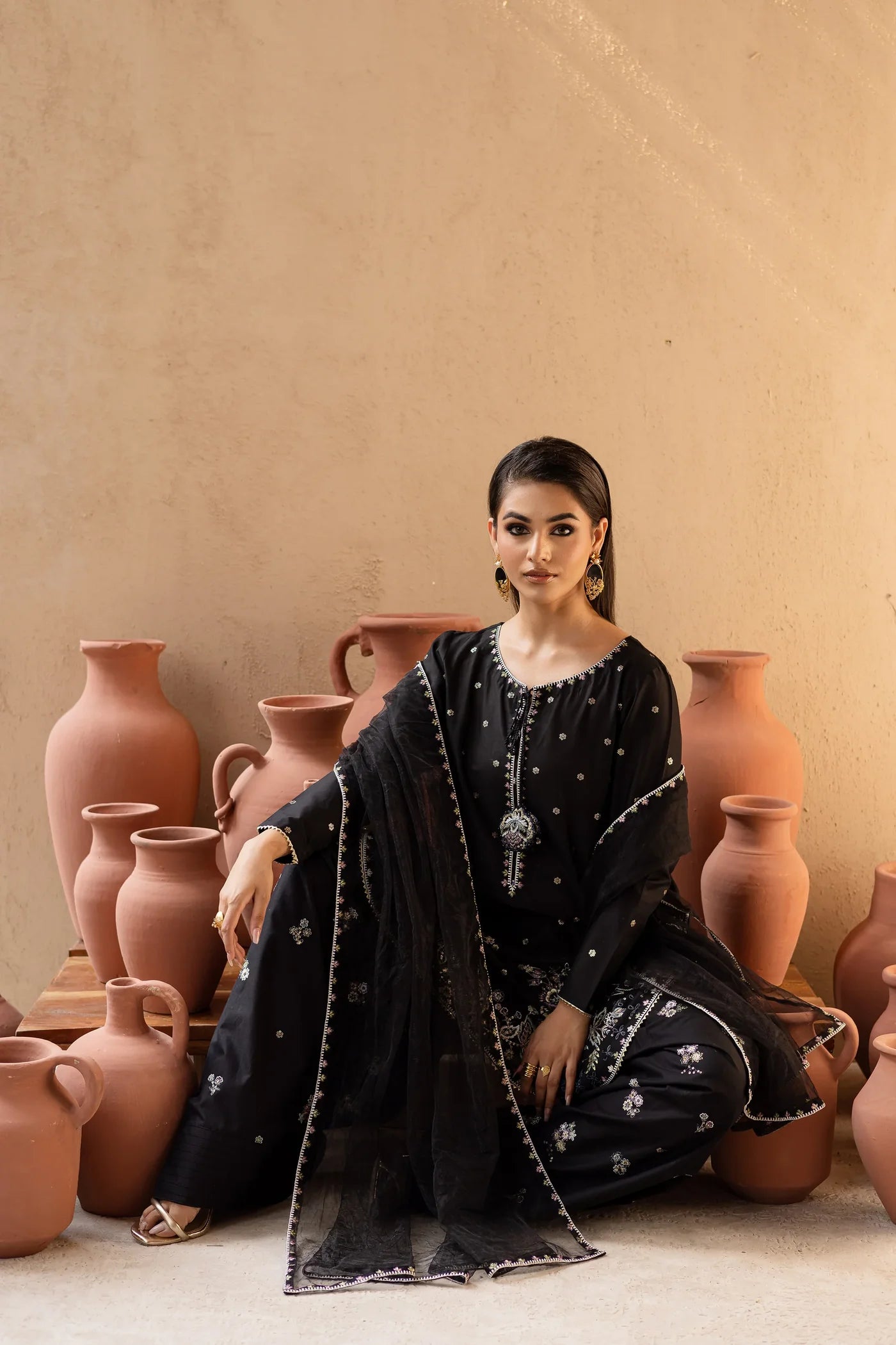 Zimal Black 3PC – Embroidered Cotton Suit with Chiffon Dupatta