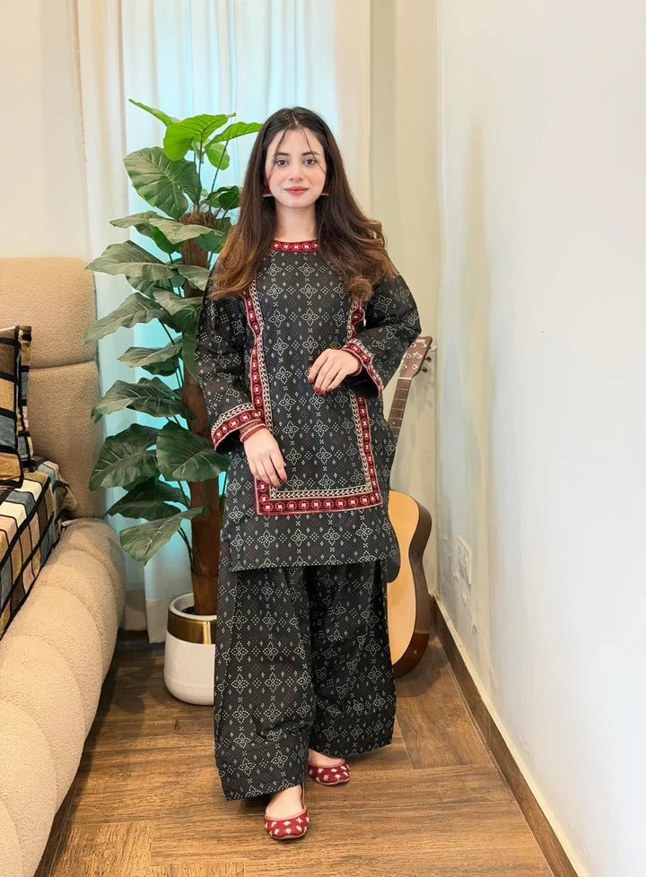 Ajrak Embroidered 2-Piece Stitched Suit – Shirt with Farshi Shalwar