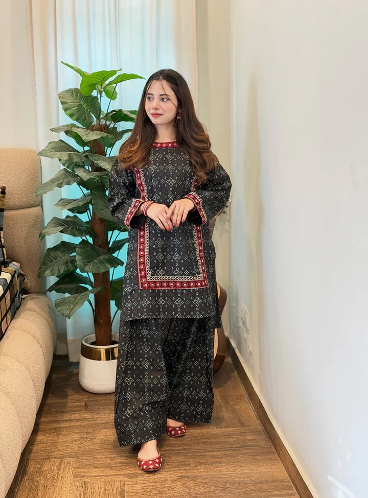 Ajrak Embroidered 2-Piece Stitched Suit – Shirt with Farshi Shalwar