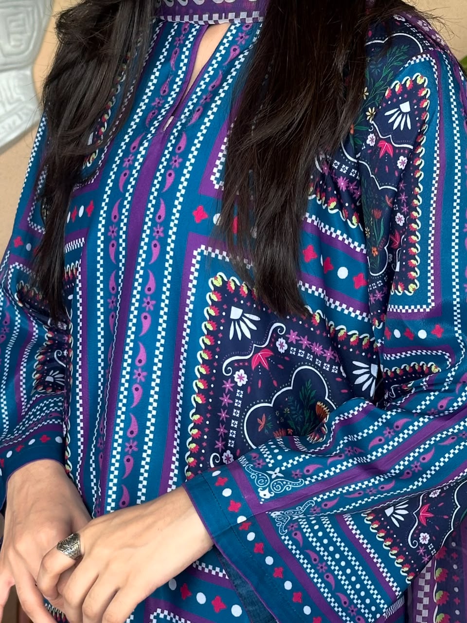 Azure Blossom 3PC – Printed Poly Lawn Suit for Women