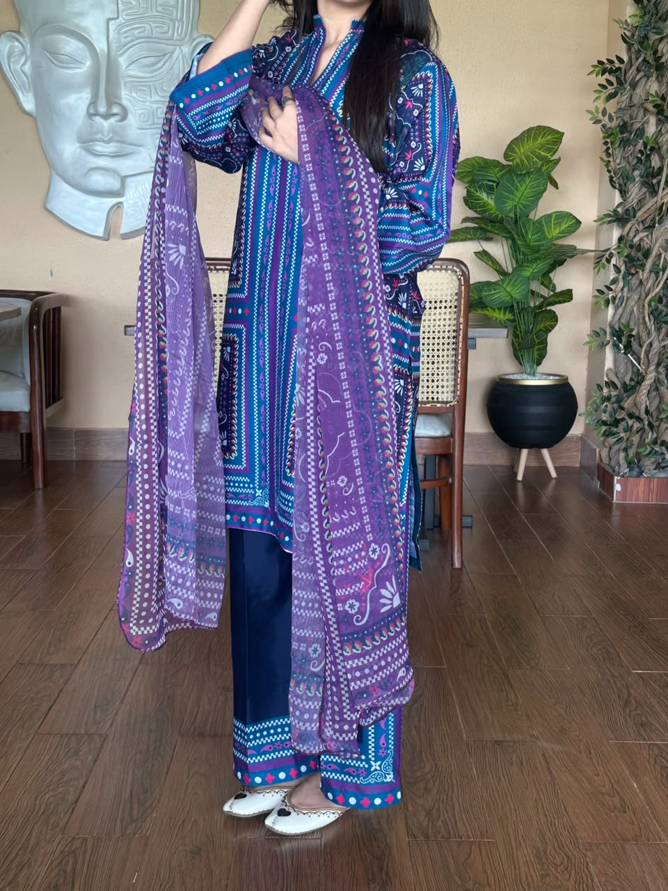Azure Blossom 3PC – Printed Poly Lawn Suit for Women