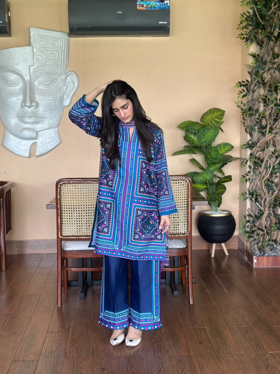 Azure Blossom 3PC – Printed Poly Lawn Suit for Women