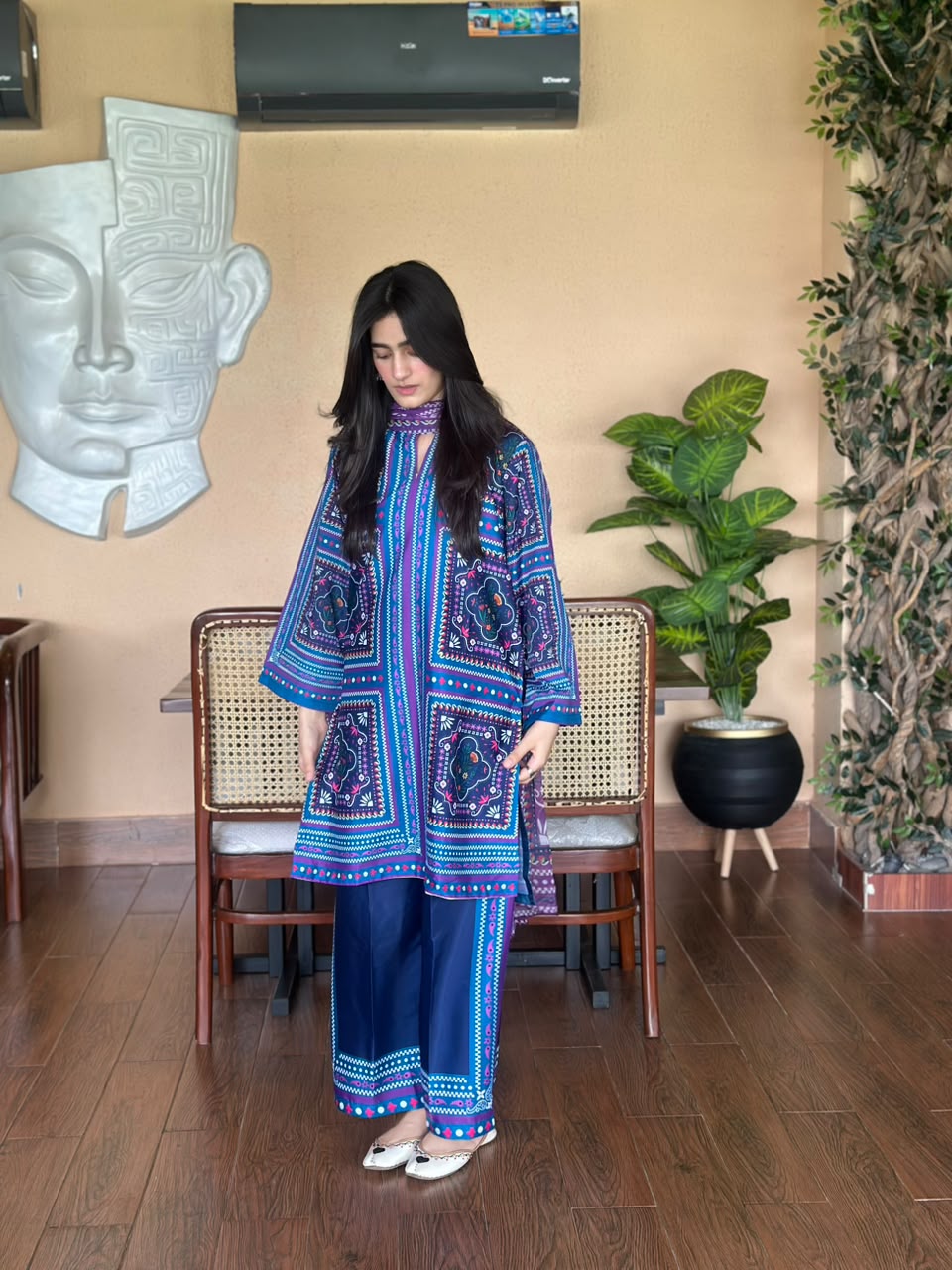 Azure Blossom 3PC – Printed Poly Lawn Suit for Women